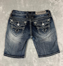 Rock Revival Womens Size 28 Maggie Bermuda Denim Shorts Blue Fleur de Lis Y2K