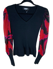 Women's DKNY Mixed Media Black Red Long Sheer Sleeve V-Neck Rib Knit Sweater M