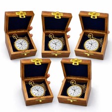 Lot of 5 Elgin Pocket Brass Watch Antique Style With Chain Wooden Box Included