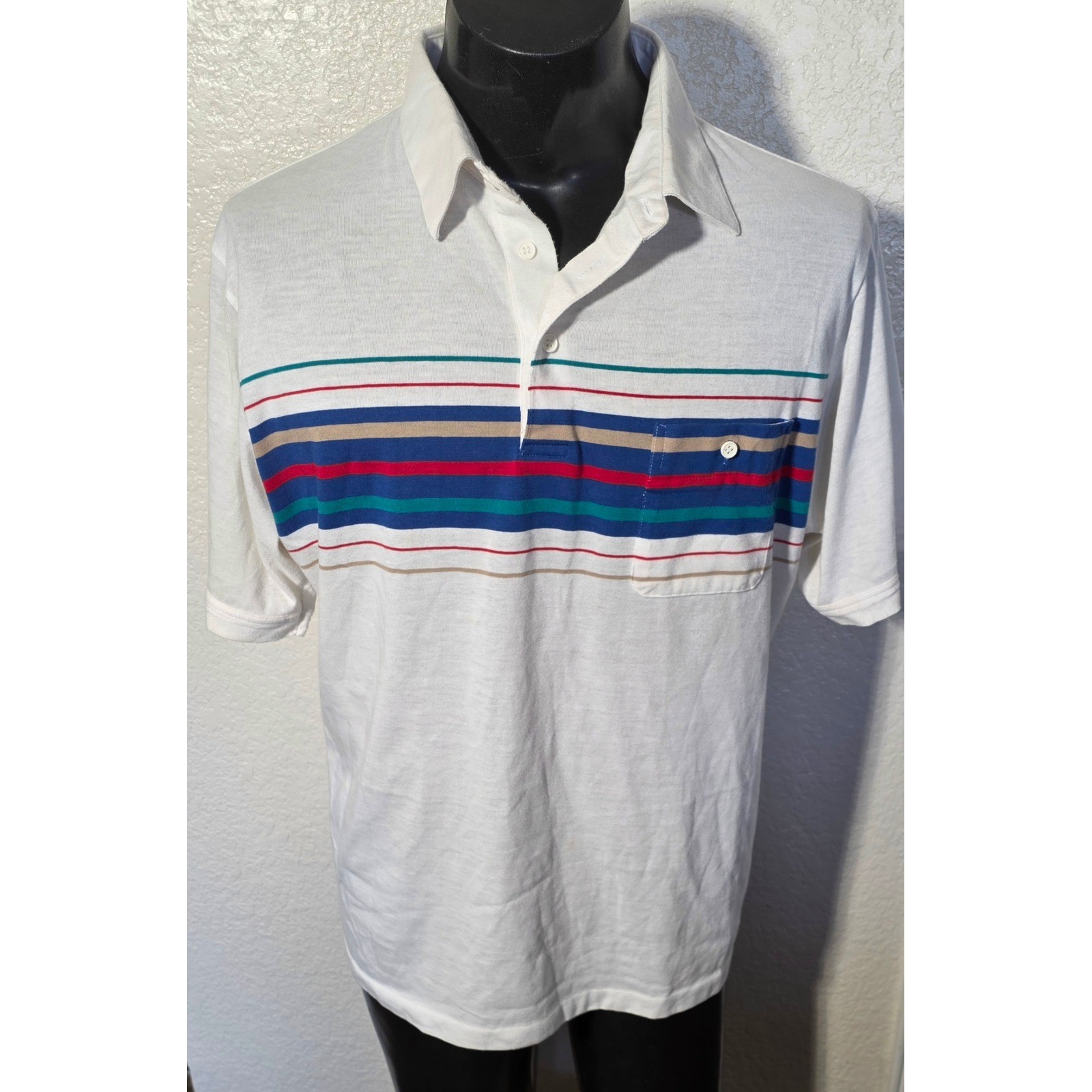 Sansabelt Golf Mens XL White Striped Short Sleeve Polo Shirt Vintage Pocket