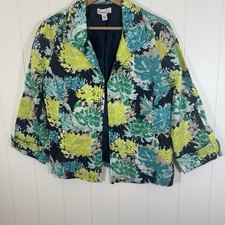 Kim Rogers Linen Jacket Women's Medium Floral Lightweight Blazer 3/4 Sleeve