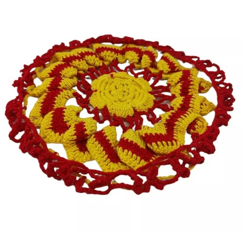 Tapete de ganchillo a mano rojo amarillo floral 6 pulgadas - Imagen 12 de 12