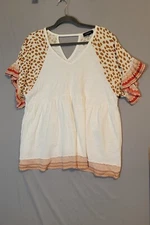 Gigio USA Women's Large Ruffle Sleeve V-Neck Top White Stripe Animal Print 