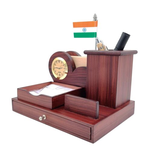 Wooden Pen Stand Indian Flag Clock for Office Table & Study With Coaster Plates - Picture 1 of 4