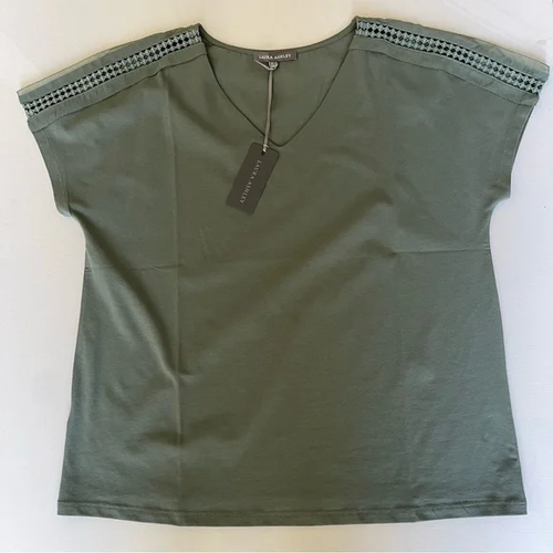 New Laura Ashley Cotton Khaki Green V-Neck Eyelash Trim Top T-shirt Blouse UK14 - Picture 4 of 12