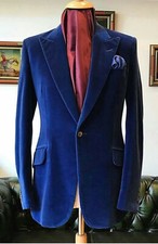 Blue Men Velvet Suit Groom Tuxedo Wedding Suit Jacket Dinner Party Prom Blazer
