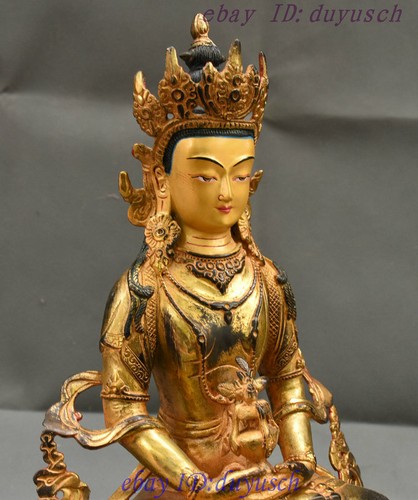 13" Old Tibet Buddhism Bronze Gilt Amitayus longevity God Goddess Buddha Statue - Picture 5 of 12