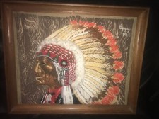 Framed Needlepoint Native American Indian Chief Warrior 19" x 17  Handmade In NM