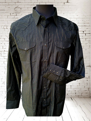 Mesquite Western Shirt Men 16.5 x 36 Black and Gold chest pockets Ruby Snaps