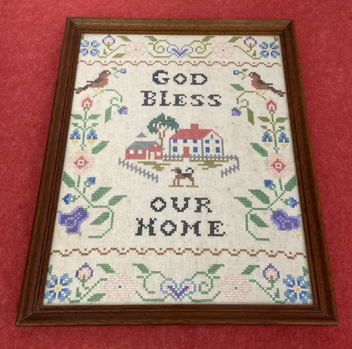 Vintage Tapestry w God Bless Our Home Pattern Framed Covered Wall Hanging Art - Picture 14 of 19