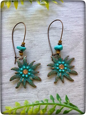 NEU Kupfer Bronze Ton Türkis Blume Starburst Blau Hippie Boho Bohemian Ohrringe