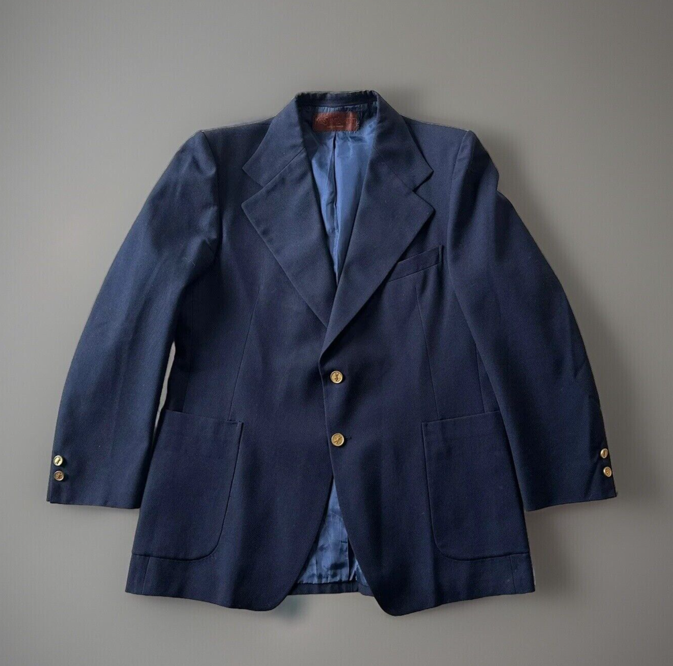 Tuta vintage Yves Saint Laurent YSL metallo bottoni blu lana twill piatto davanti 44 R