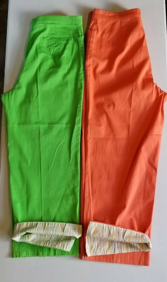 Lote de 2 Pantalones Capri Cabeza de Pato para Mujer 8 Verde Naranja Bolsillos Puños a Rayas Usados en Excelente Condición Foto 2 de 4