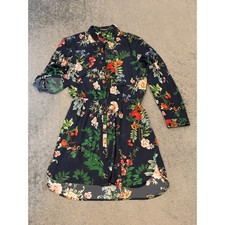 Express Navy Floral Bird Print Roll Tab Sleeve Shirt Dress Medium