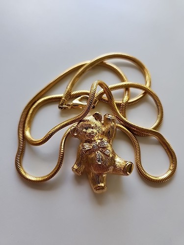 Vtg Avon Gold Tone Teddy Bear Pendant & Brooch Pin Rhinestone Bow Signed Necklac - Picture 11 of 12