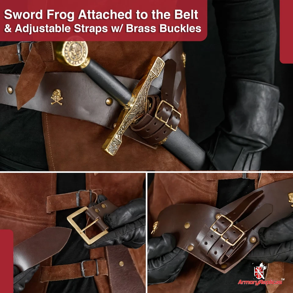 Espada medieval de cuero marrón rana / soporte pirata sable cinturón colgante ajustable Foto 4 de 4