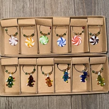 Christmas Wine Charms Set of 12 Glass Christmas Trees And Hard Candies Candy