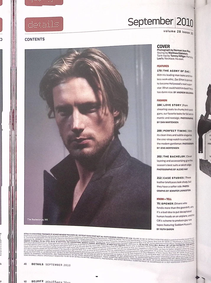 DETAILS MAGAZINE SEPTEMBER 2010 ZAC EFRON GOLDEN BOY FALL FASHION ISSUE  B2133 - Image 3 of 4