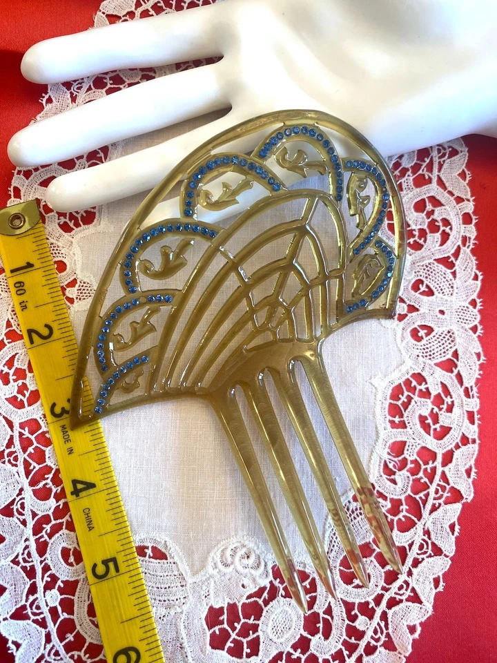 Peine de pelo Art Deco antiguo vintage - mantilla celuloide pedrería azul claro Foto 4 de 4