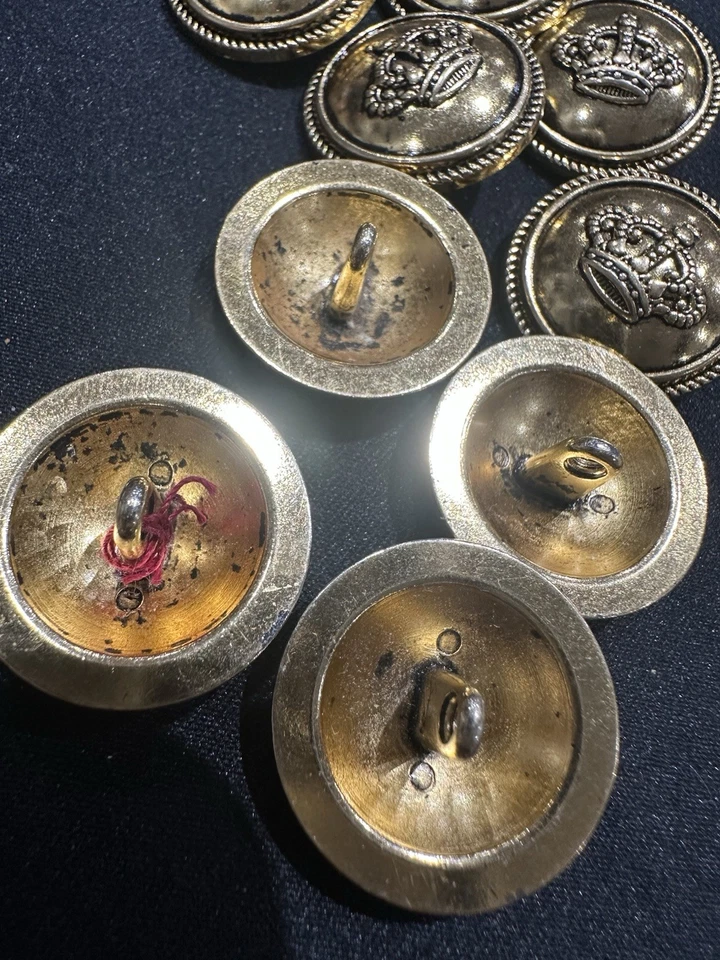 9 Vintage Military-Style Crown Buttons Gold Tone Metal Shank Button Uniform 25mm - Image 3 of 4