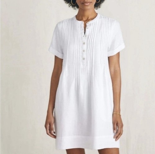 Faherty Gemina Pintuck Linen Dress White Womens Size M Coastal Resort Pockets