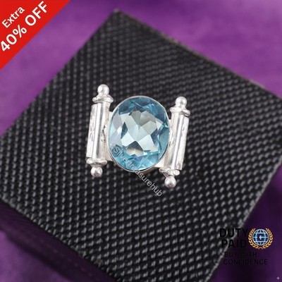 Sky Blue Topaz Stone 925 Sterling Silver Anniversary Birthday Band Ring Jewelry