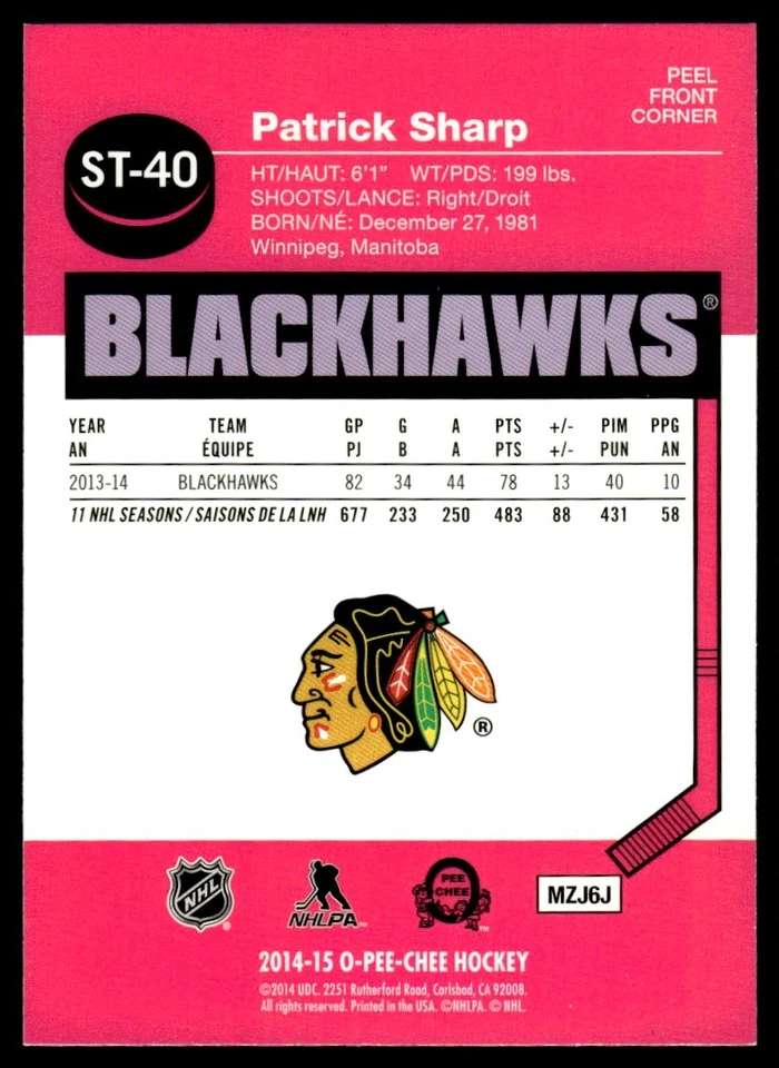 2014-15 O-Pee-Chee Stickers Patrick Sharp Chicago Blackhawks #ST-40 - Image 2 of 2