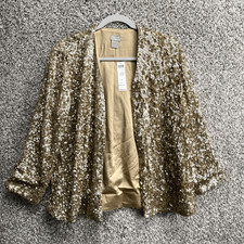 Chico s Jacket Women s 1 / Medium / 8 Travelers Gold Sequins Open Front NWT