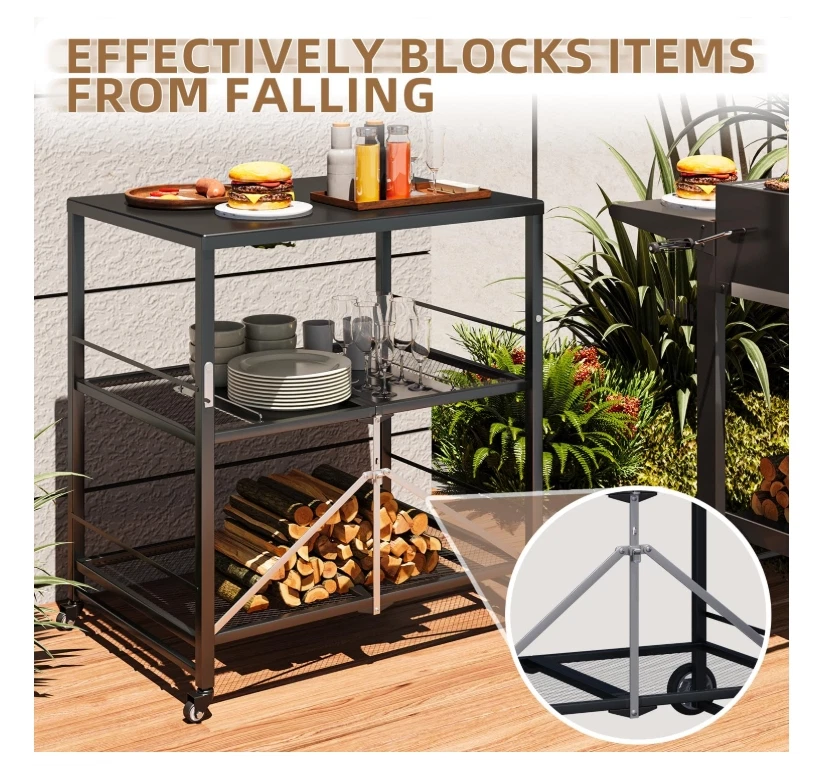 Mesa de Parrilla Exterior, Soporte para Horno de Pizza de 3 Niveles Acero al Carbono Mesa de Preparación para Barbacoa, Negra Foto 2 de 4