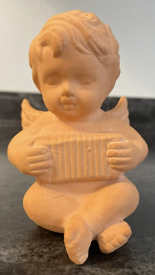 Terra Cotta Cherub Angel Boy Figurine 4.75'' Accordion Sitting Pottery Statue EUC