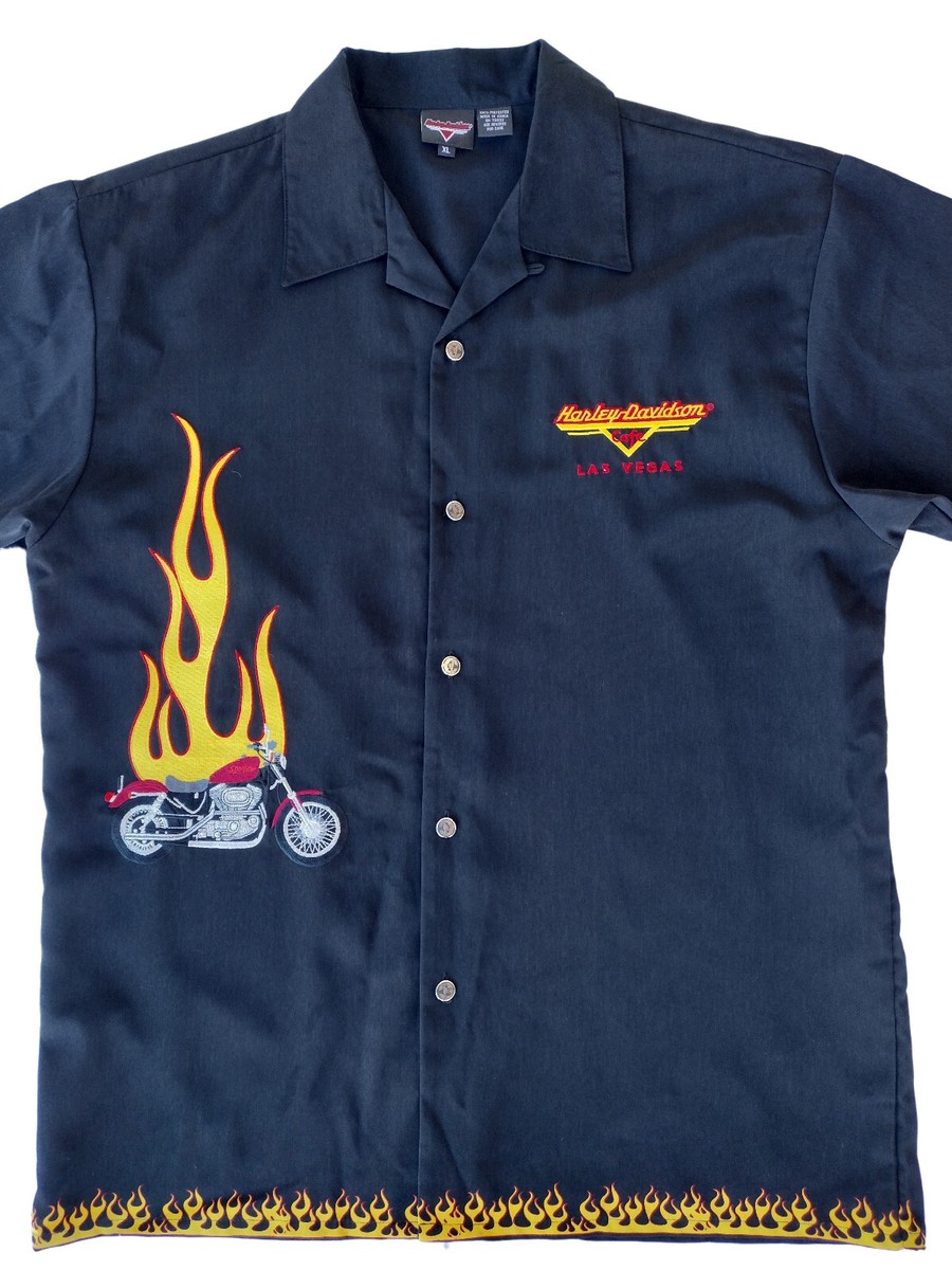 Rare VTG Harley Davidson Button Up EMB SS Flame Motorcycle