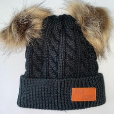 Toddler Girls BLACK Knit Beanie Double Faux Fur Poms One Size BRAND NEW