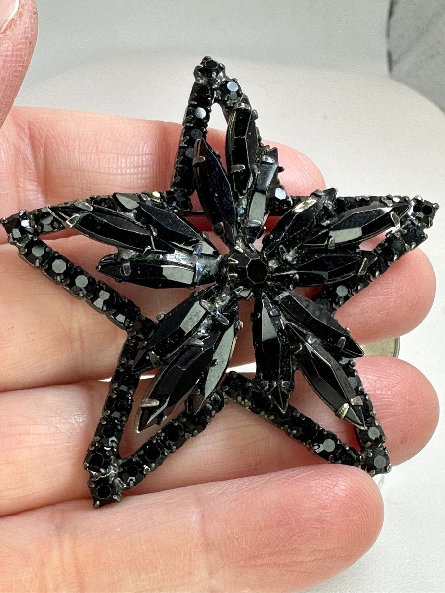 Flower Star Onyx Rhinestones & Navette Vintage Metal Brooch Pin M