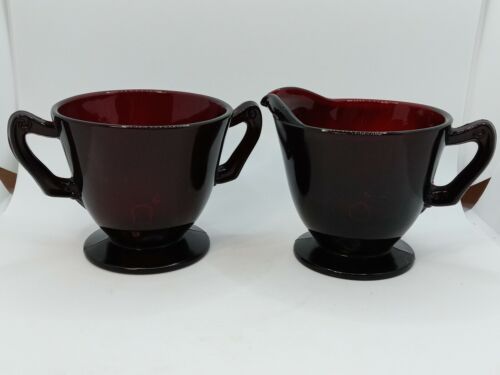 Ruby Red Cranberry Glass Smooth Open Footed Creamer and Sugar Set Vintage - Afbeelding 1 van 9