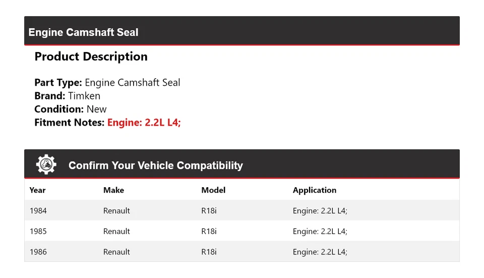 Sello del árbol de levas Timken 1985 para motor Renault R18i 1984-1986 2,2 L L4 Foto 2 de 4