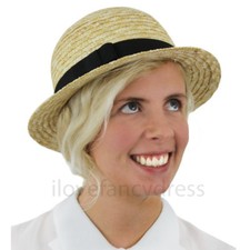 ROUND TOP STRAW BOATER HAT LADIES SUMMER FANCY DRESS EASTER BONNET SCHOOL GIRL