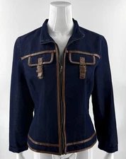 Metro Style Jean Jacket Size 10 Dark Blue Denim Zip Up Faux Leather Trim