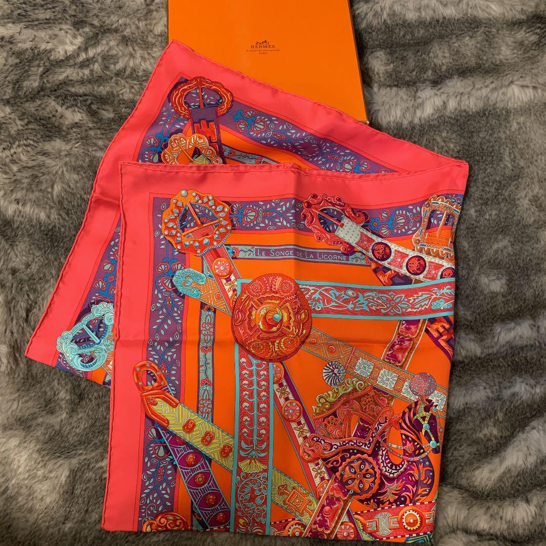 HERMES Carre 90 Silk Scarf LE SONGE DE LA LICORNE Orange Rare
