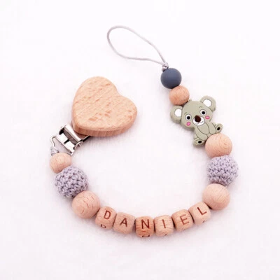 HANDGEFERTIGT Schnullerkette mit Namen ☆ Silikon ★ Herz ☆ Koala Bär ★ Geburt Nuckelkette Neu