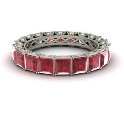 3.75 Ct Real Princess Cut Ruby & Diamond Engagement Eternity Band 14k White Gold