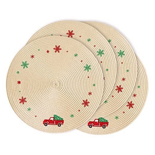 Round Christmas Placemats Set of 4 13.5 Inch Snowflake Placemats for