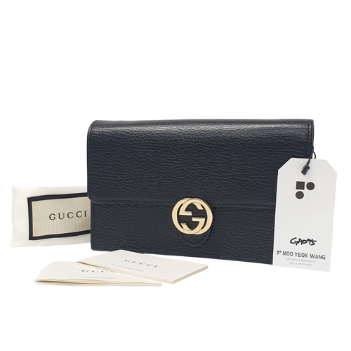 GUCCI Interlocking GG Black Leather Crossbody Wallet 615523 With Dust Bag GA095
