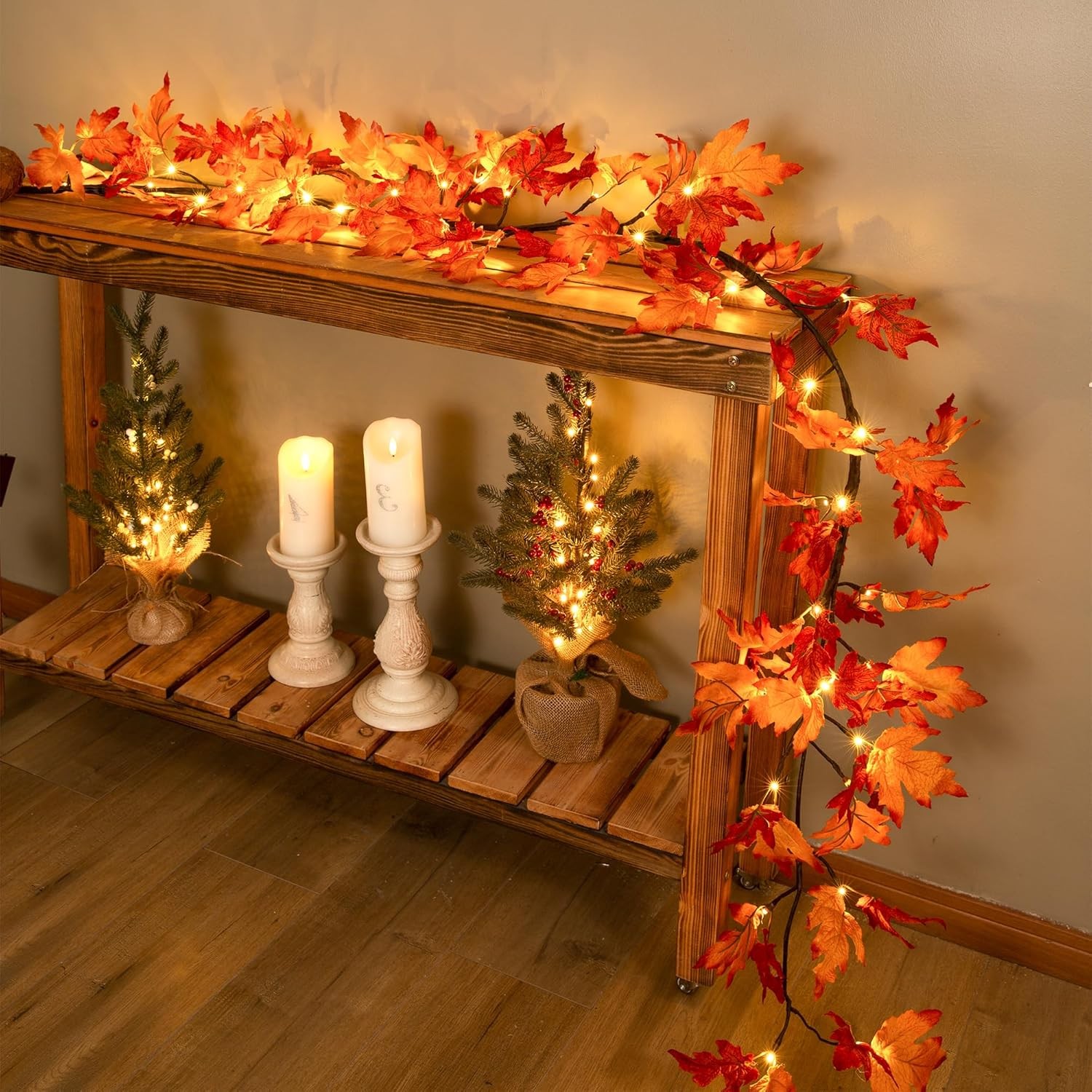 6.56Ft Maple Leaf Fall Garland with Orange Lights