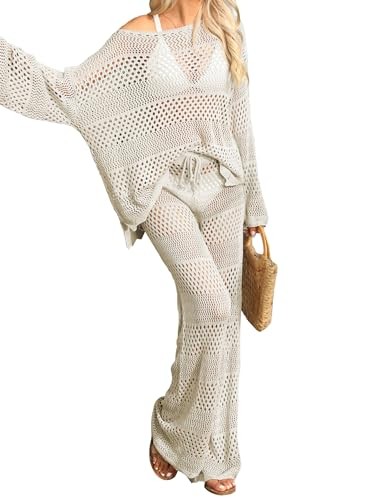 Womens 2 Piece Crochet Outfits Sexy Hollow Out Cover Up Sets Long Sleeve Tops
