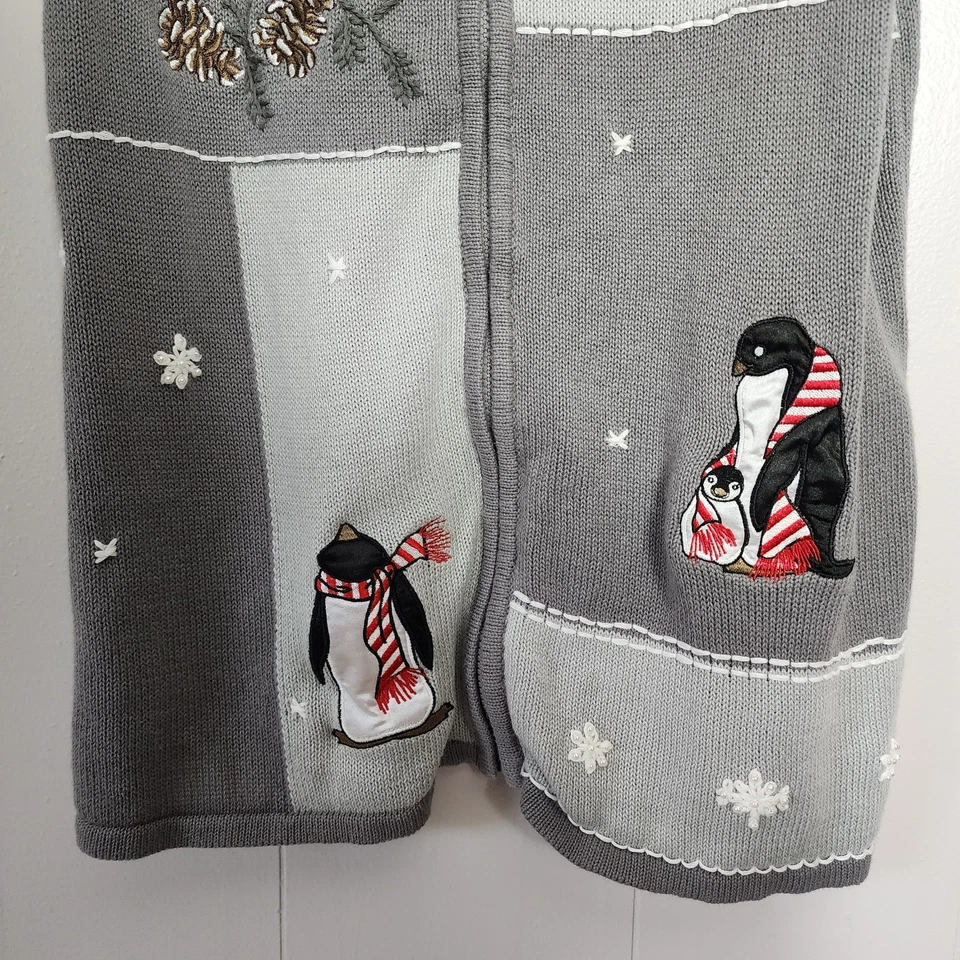 Chaleco Suéter Vintage Abuela Retro Blair Talla L Gris Tejido Navidad Pingüinos Foto 3 de 4