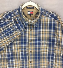 Vintage 90s Tommy Hilfiger Shirt Men XL Blue Plaid Crest Logo Button Down Thick
