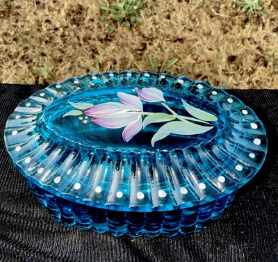 2X5 Fenton Art Glass Turquoise Aqua Blue Hand Painted  Oval Trinket Box