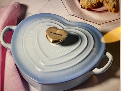 LE CREUSET SHALLOW HEART COCOTTE WITH GOLD HEART KNOB IN COASTAL
