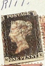 1840 Great Britain Penny Black Stamp Plate 7 LetterME Black Maltese Cross Cancel