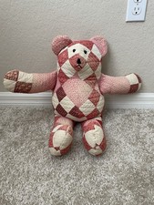 Vintage Handmade Patchwork Quilt Teddy Bear Pink White Checked Plaid Folk Art